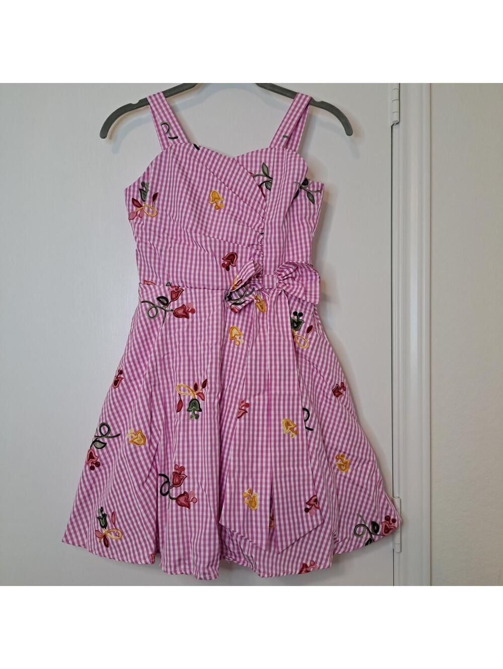 Rare Editions Youth Girls Pink Plaid Floral Dress Flowers Embroidery Bow Size 10